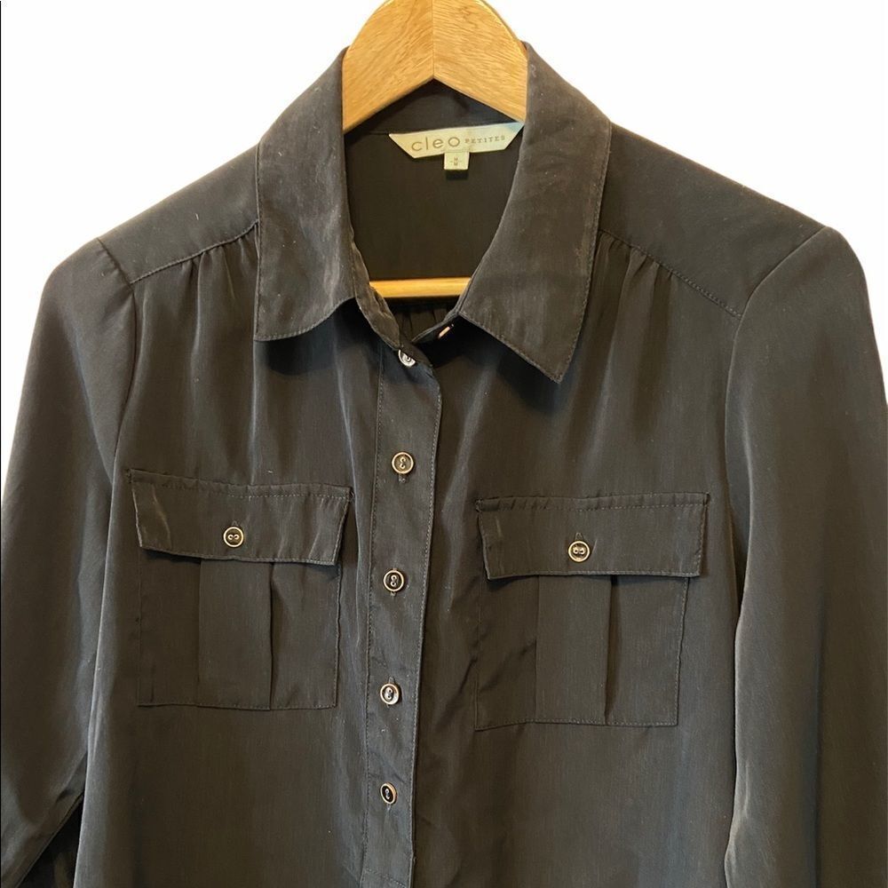 CLEO Petites Black Button Up Lightweight Top M - Picture 2 of 7